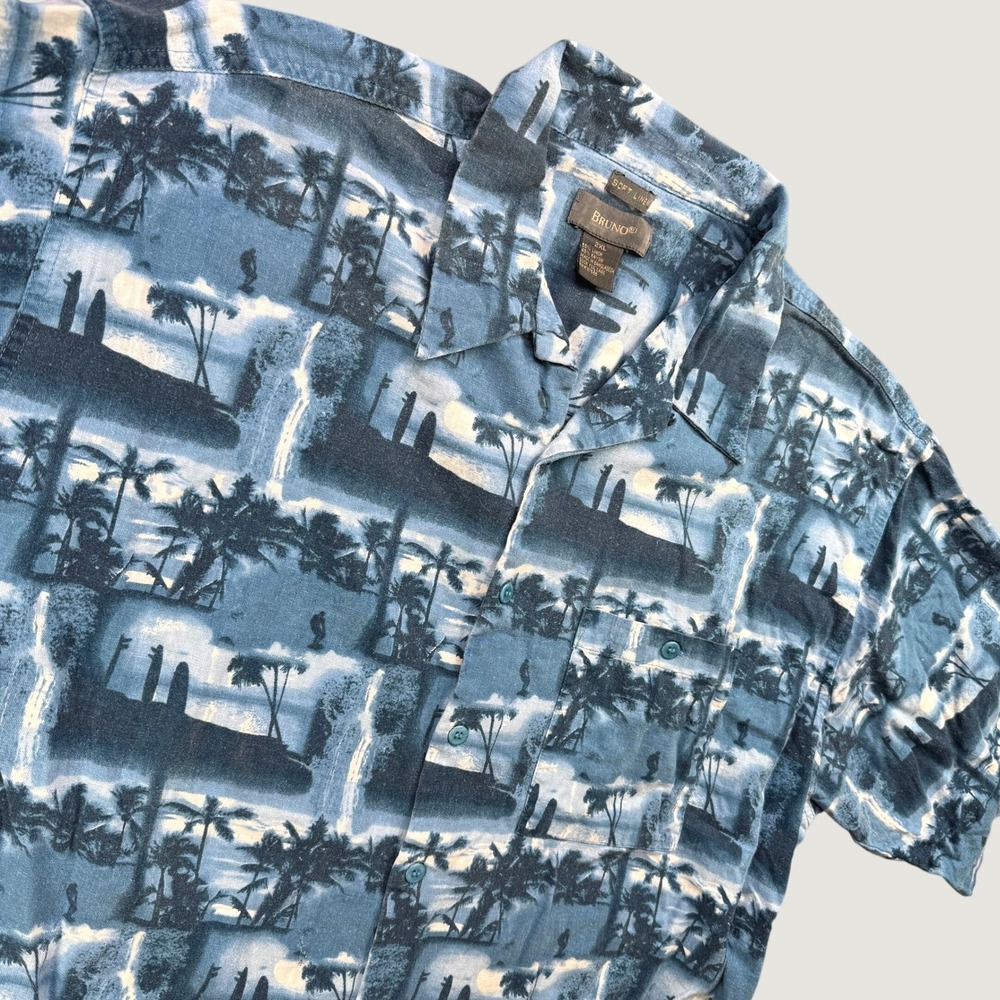 Bruno Shirt Men 2XL Blue Linen Blend Tropical Palm Tree Surfer Beach Hawaiian